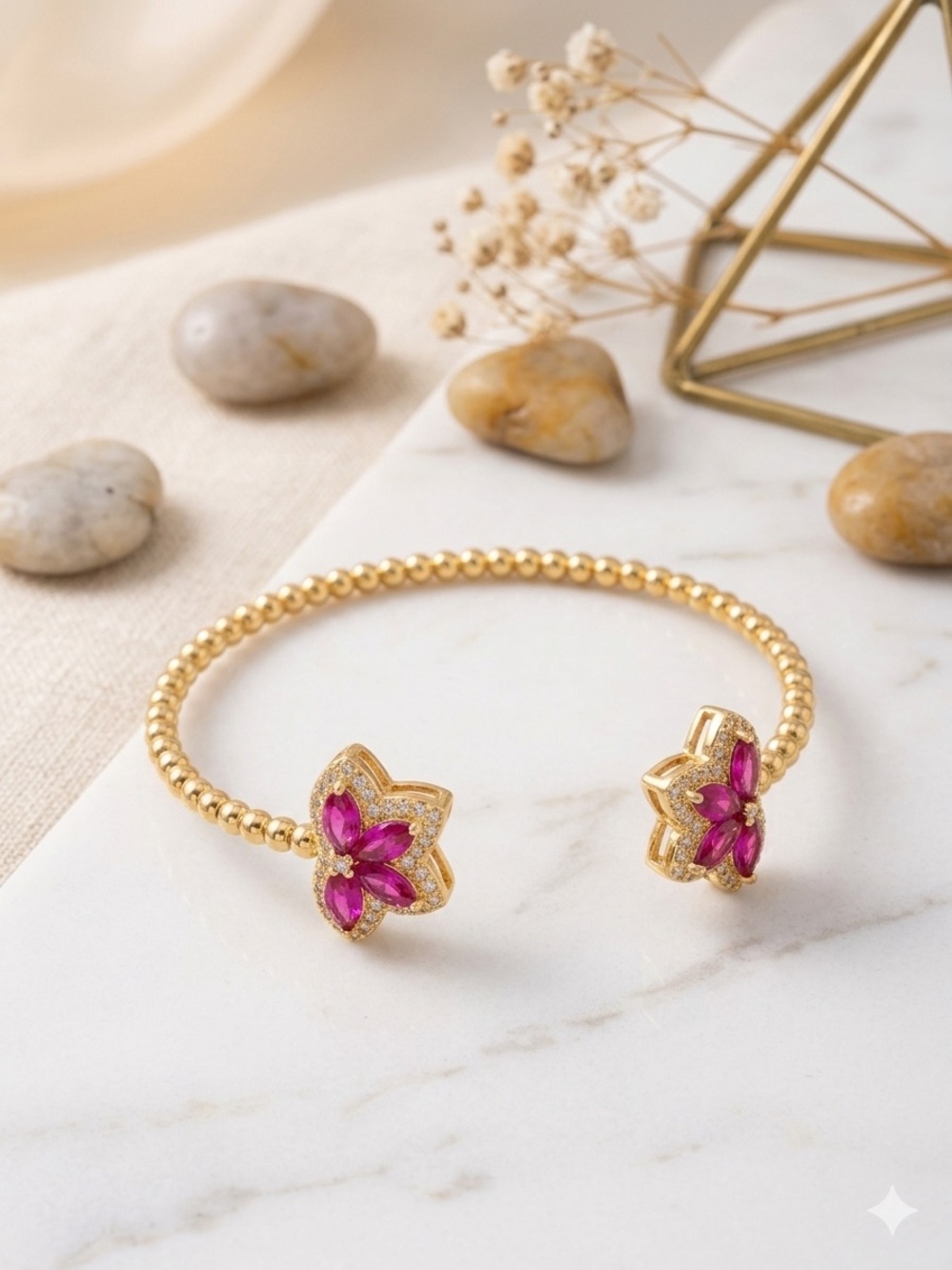 14k Gold - Filled Beaded Cuff Bangle with Pink Gem Flower